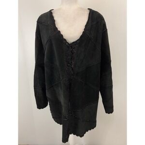 Vtg Jon Lawrence Black Suede Crochet Coat Sz 2X Plus  Y2K Whimsigoth  Patchwork